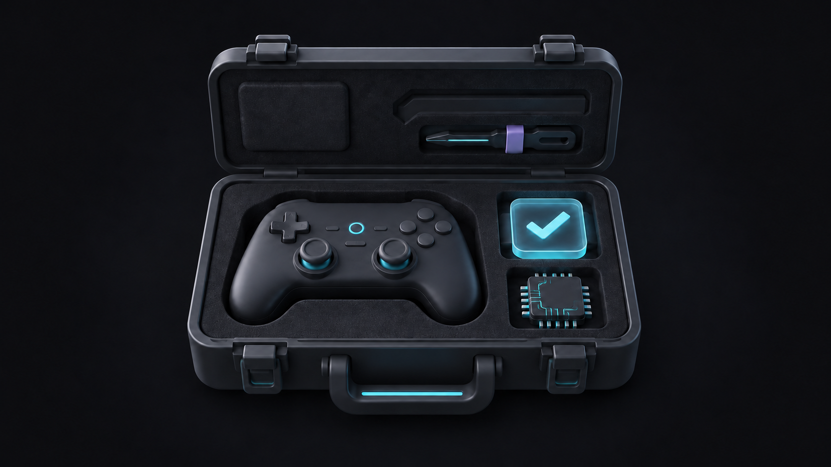 Illustrated game-integrity toolkit with controller, verification tile and chip.