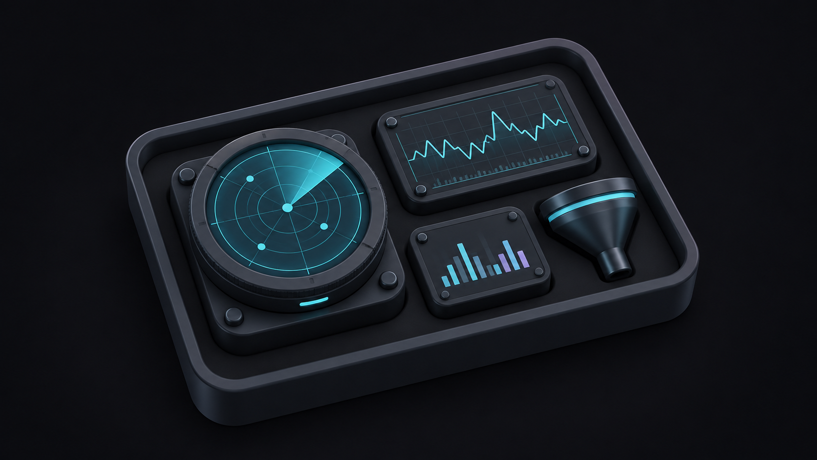 Illustrated monitoring toolkit with radar and signal analysis tools.