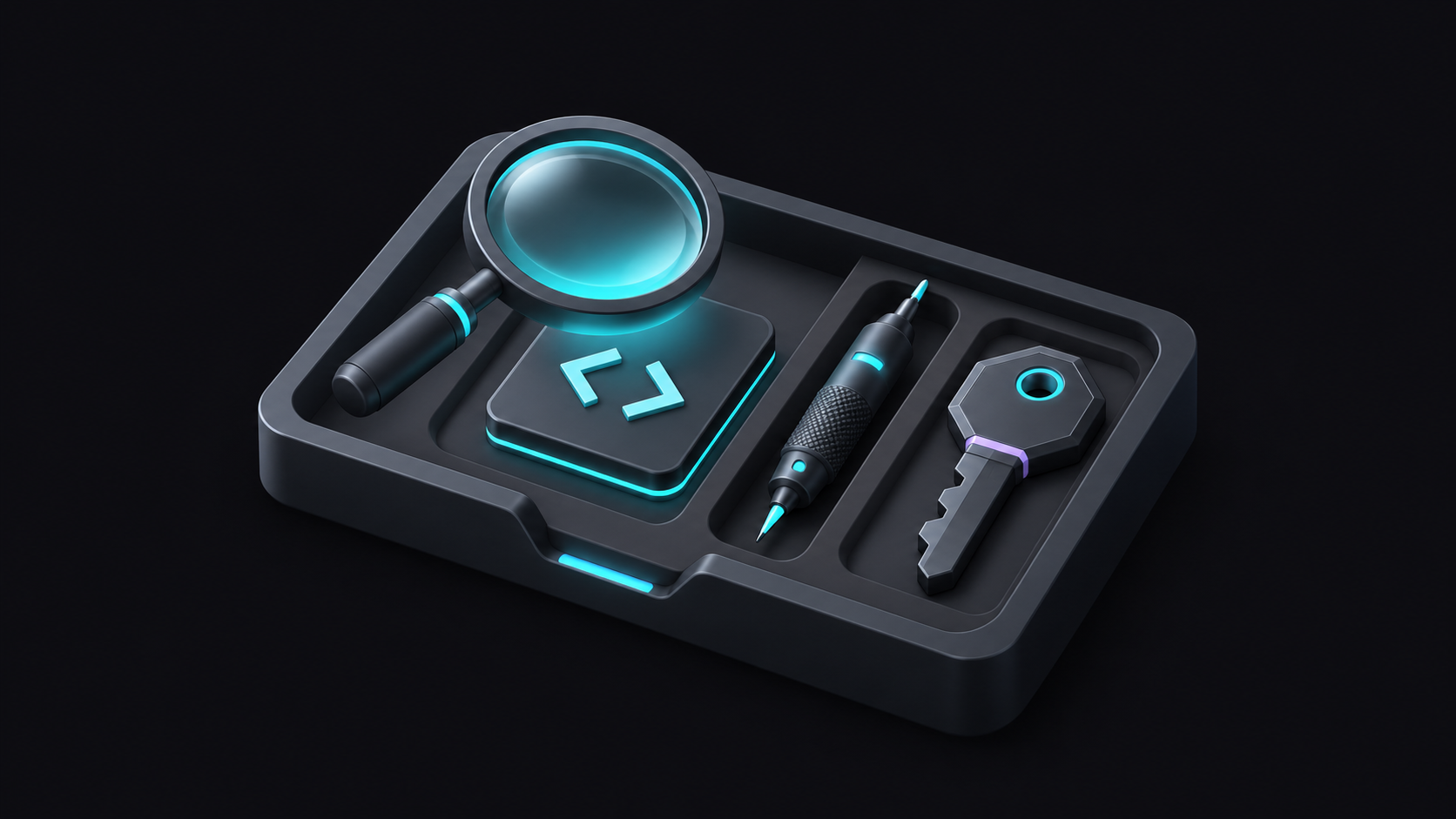 Illustrated inspection toolkit with a magnifying glass, code tile and access key.